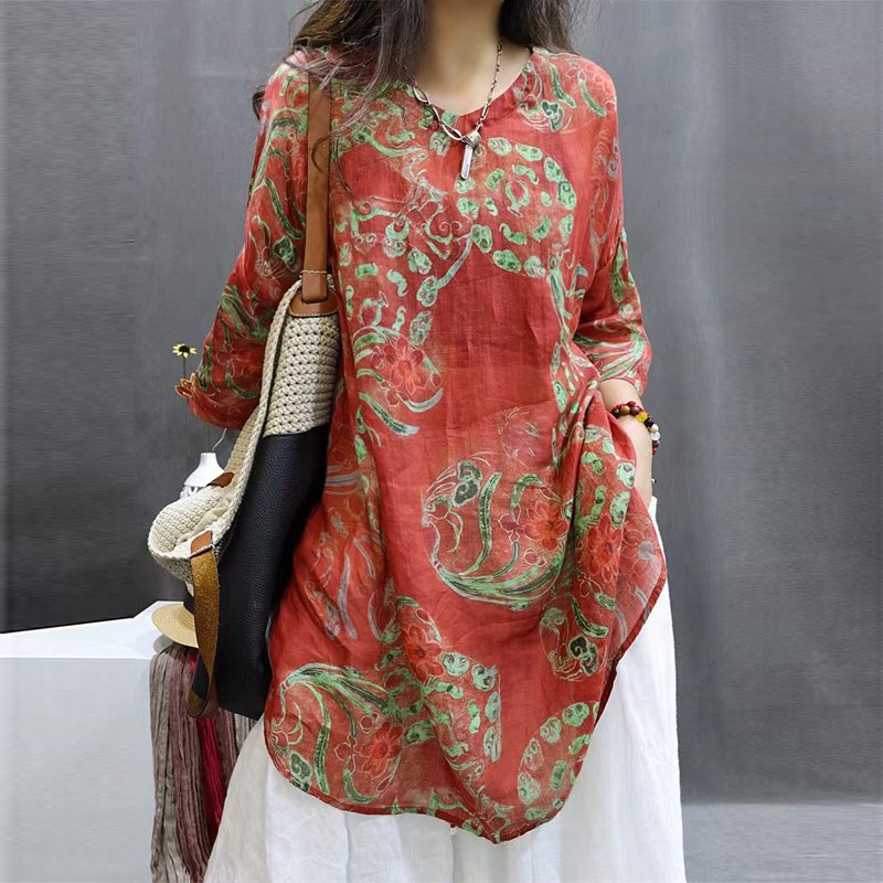Women's Soft Printed Mid-Sleeve Top Casual Round Neck Tunic For Spring And Summer - Image 6
