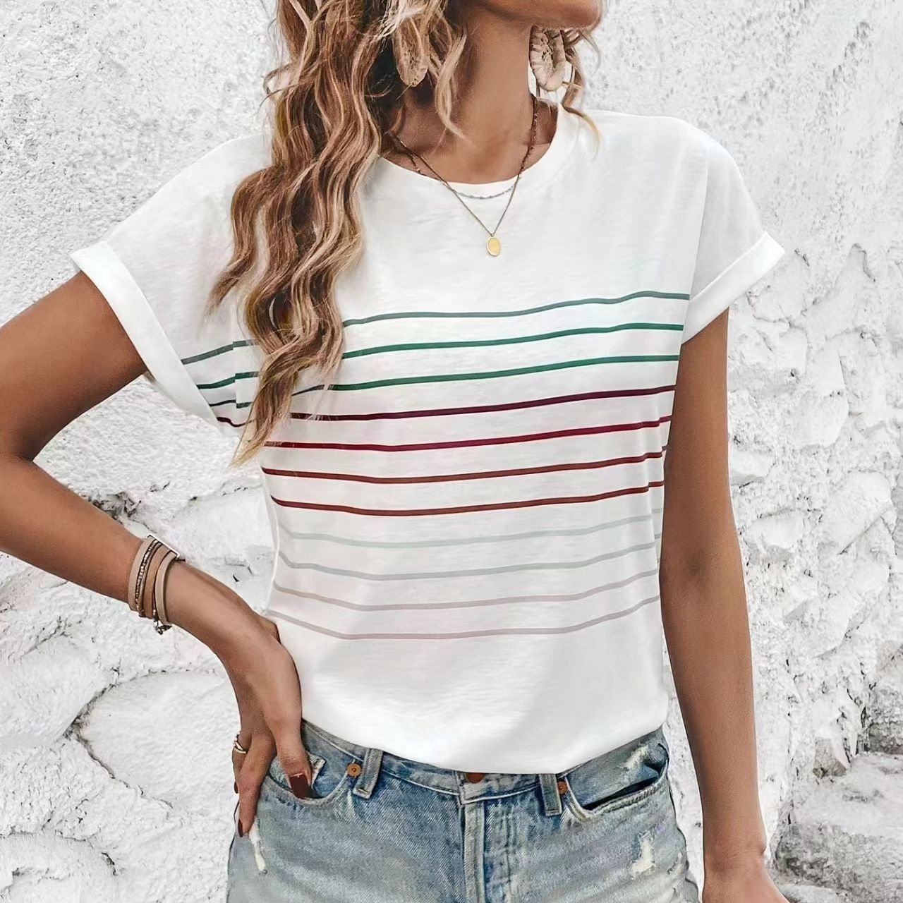 Casual Thin Striped Drop-shoulder Short Sleeve T-shirt - Image 2