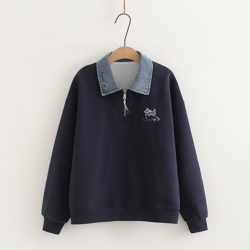 Denim Collar Stitching Polo Collar False Two-piece Sweaters - Image 4
