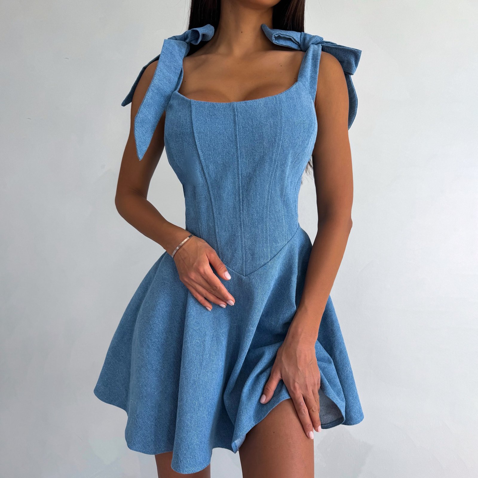 Fashion Hot Girl Square Collar Lace Up Fishbone Waist Dress - Image 6