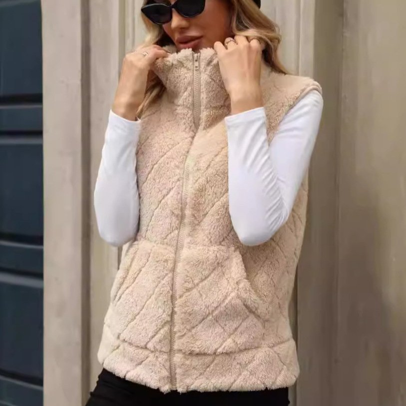 Women's Clothing Cardigan Zipper Loose Diamond Lattice Coat Plush Vest - Image 3