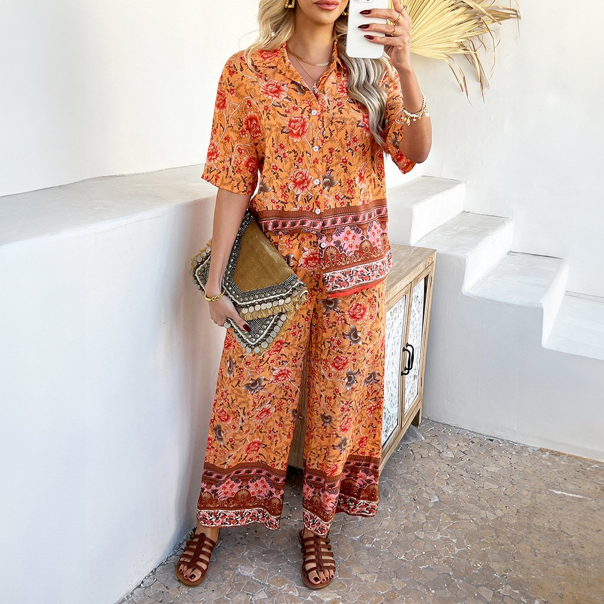 Contrast Color Bohemian Vacation Style Short Sleeve Long Pants - Image 2