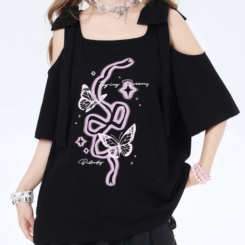 Women's Off-the-shoulder Bow Printed Short Sleeve - Image 7