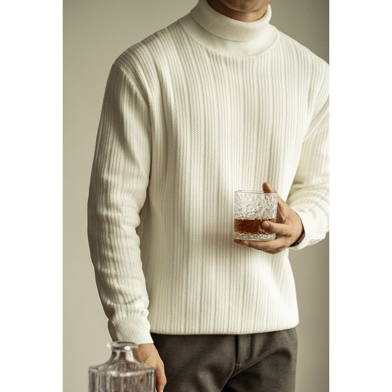 Half Turtleneck Bottoming Mid Collar Sunken Stripe Knitwear Sweater For Men - Image 8