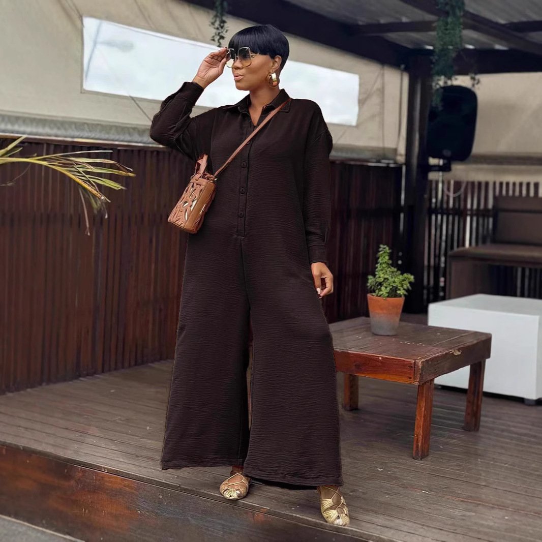 Casual Loose Round Neck Long Sleeve Wide Leg One-piece - Image 3