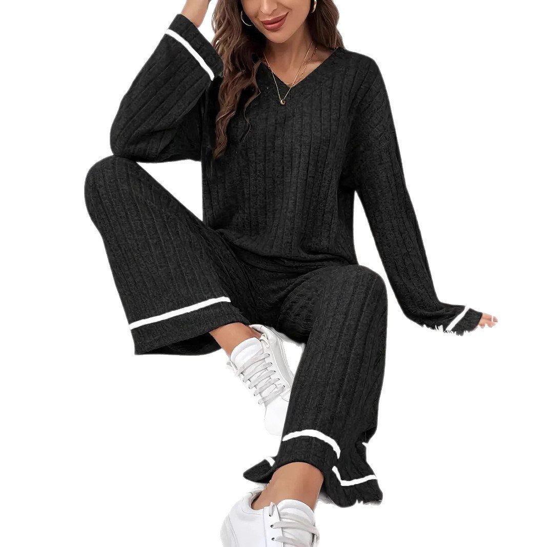 Black Striped Loose-fitting Sanding Sunken Stripe Simple Homewear Suit - Image 5