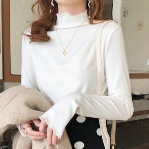 Women's Wooden Ear Half-high Collar Long Sleeves Solid Color Inner Wear Slim Top