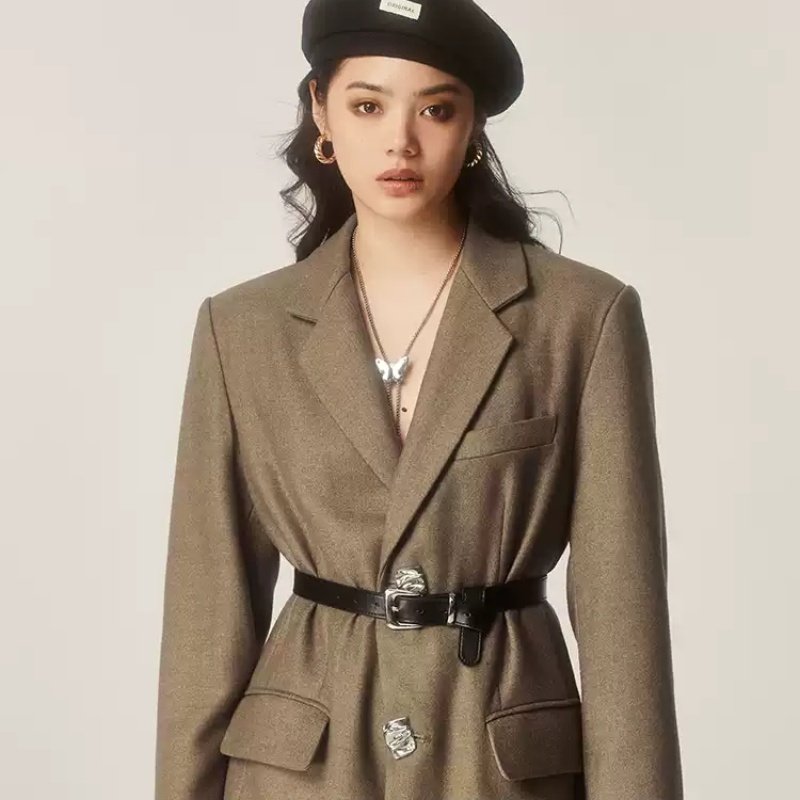 Autumn And Winter Classic Retro Mid-length Coat Brown Suit Jacket - Image 3