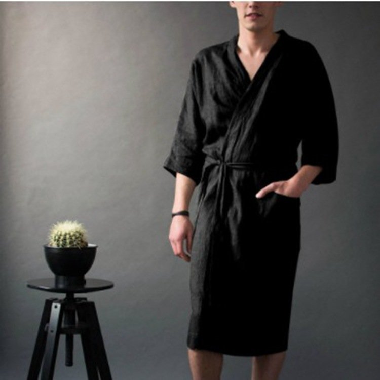 Men's And Women's Long Solid Color Linen Pajamas Robe Bathrobe - Image 4