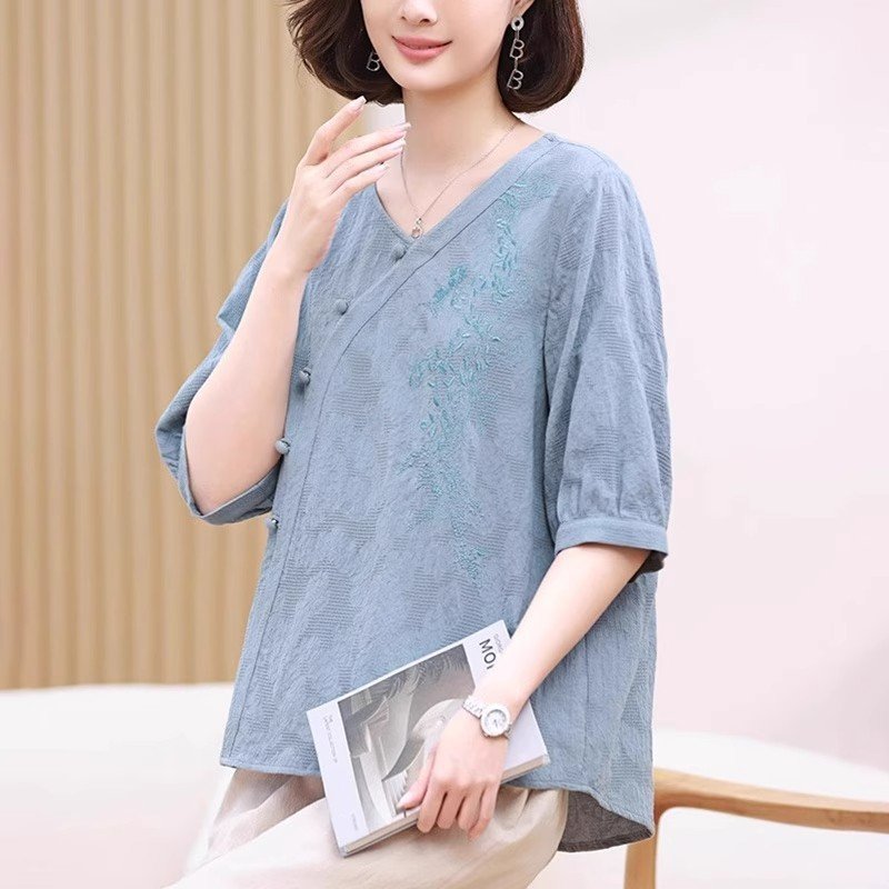 Short Sleeve T-shirt Women's Summer Cotton And Linen Chinese Style Top - Image 2
