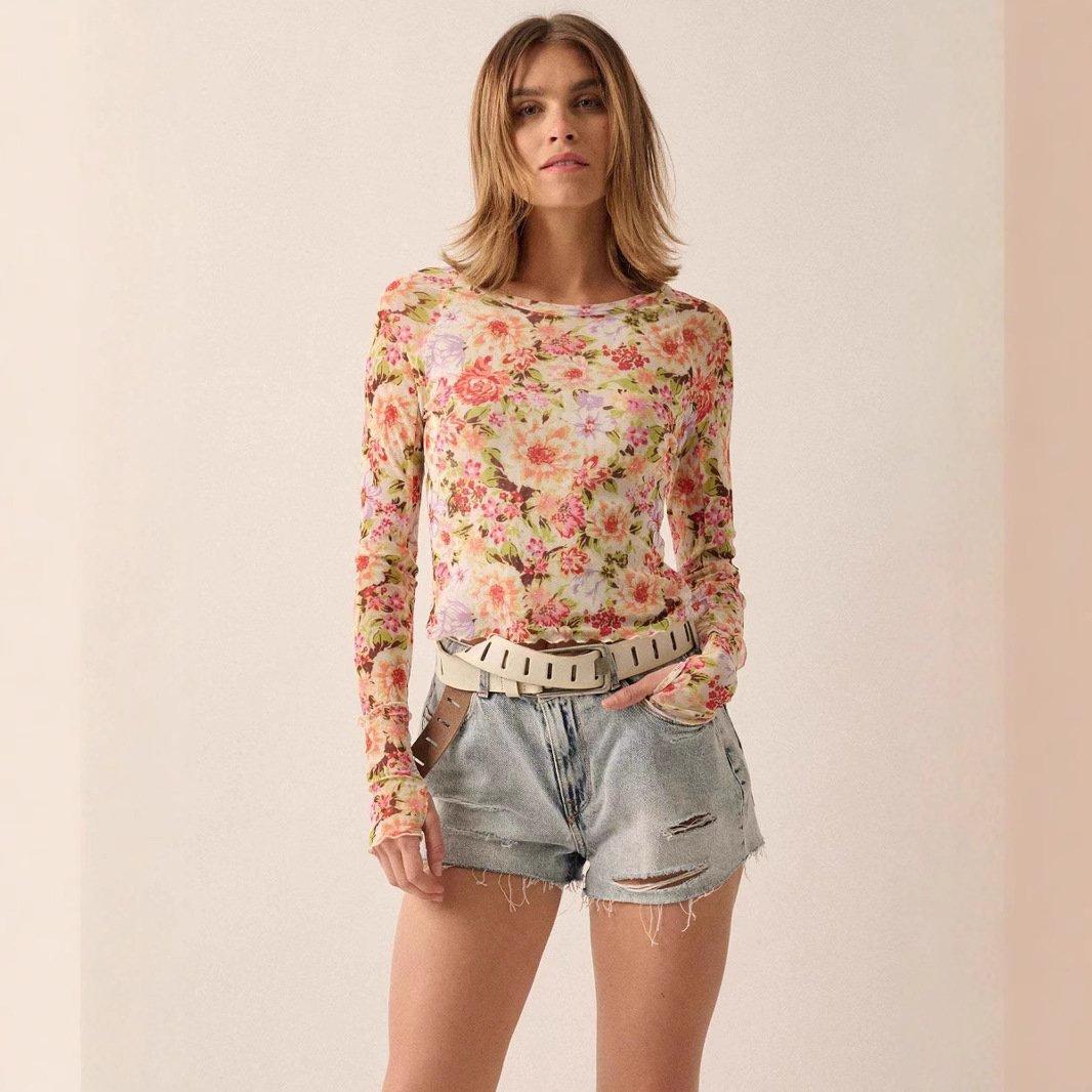 Floral Mesh Round Neck Long Sleeve Mesh Fashion Slim Top - Image 3