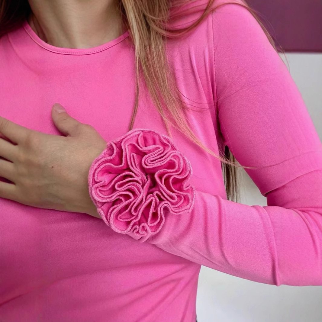 Three-dimensional Floral Long Sleeve Niche Round Neck Slim-fit Tops - Image 4