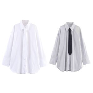 Women's Fashion Casual Loose Tie Decorated Poplin Shirt
