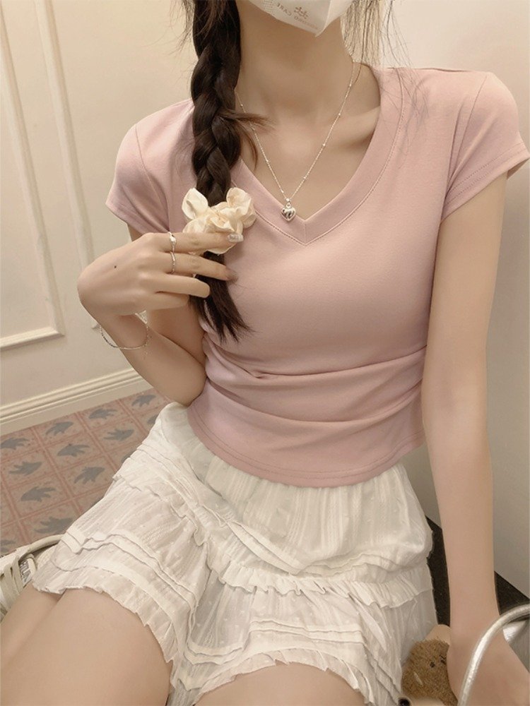 V-neck Short-sleeved Shoulder T-shirt Design Tight Waist Bottoming Shirt - Image 2