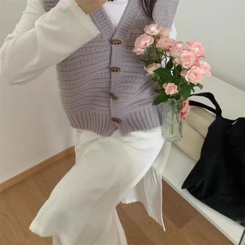 College Style Knitted Cardigan Vest Solid Color Wooden Buckle Bandage Dress - Image 9