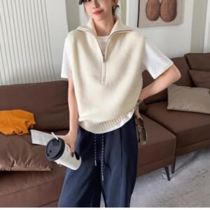 Retro Half Zipper Sleeveless Knit Vest