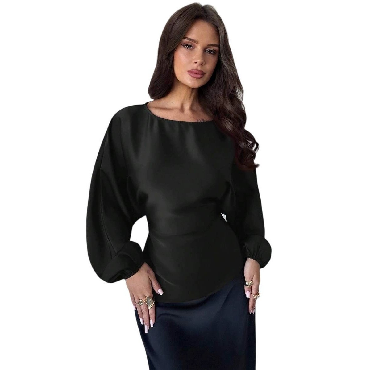 Casual Round Neck Lace-up Waist Shirt For Women - Image 4