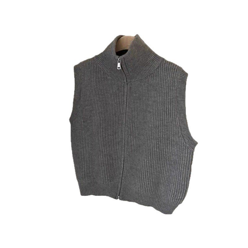 Simple Turtleneck Double Zipper Knitted Cardigan Vest - Image 5