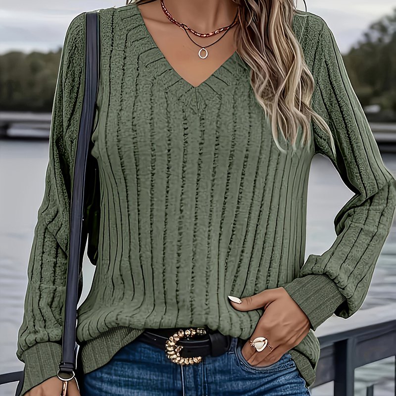 Women's Long Sleeve Blouses Shirts With Ribbed Knit Work Office Basic Tops - Image 2