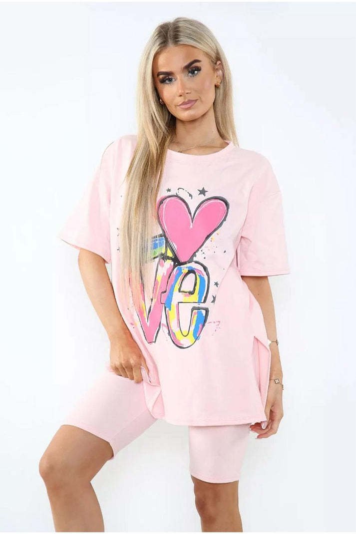 Love Side Slit Cycling Short And T-Shirts Co-Ord Two Piece Set With Front Love Slogan - Image 2