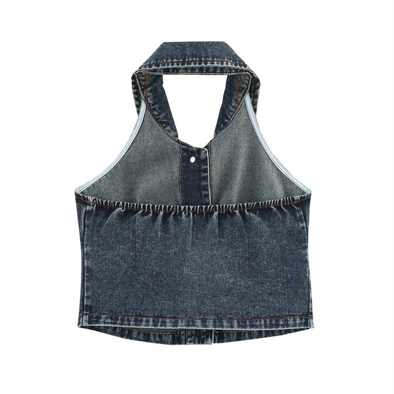 Sexy Big Backless Lapel Halter Denim Camisole - Image 3