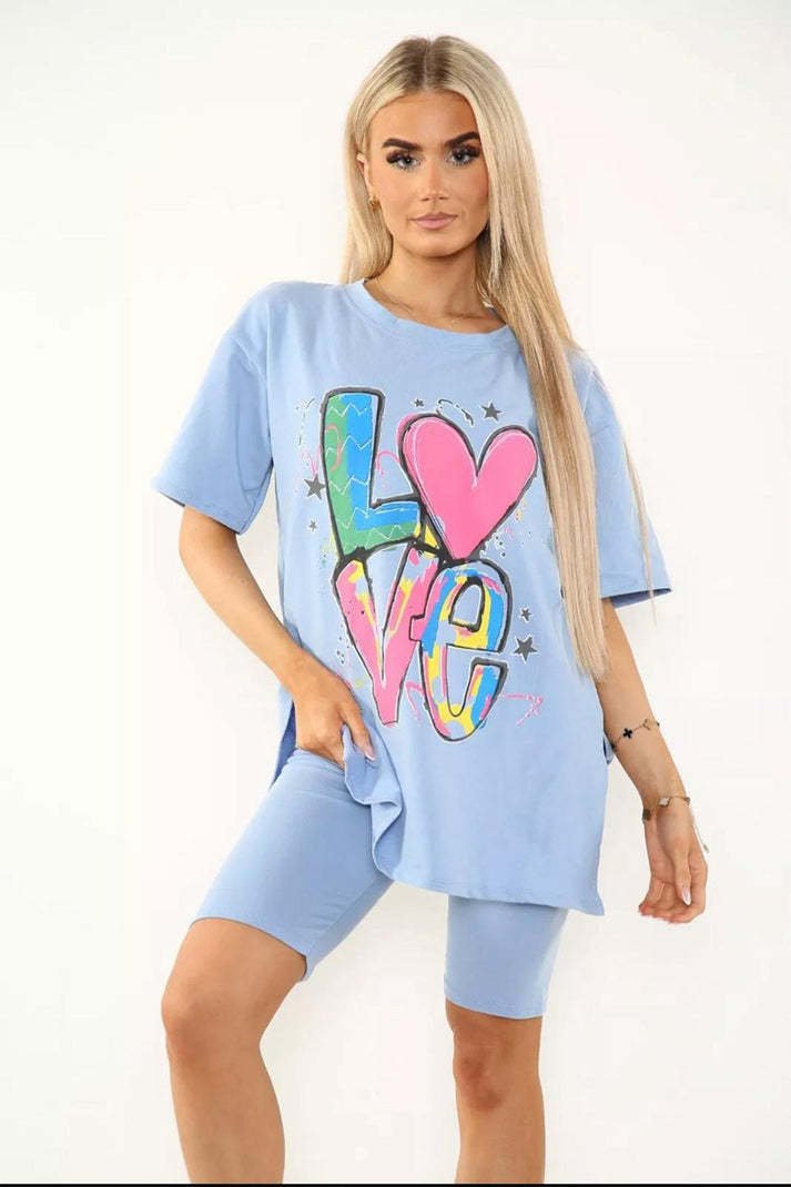 Love Side Slit Cycling Short And T-Shirts Co-Ord Two Piece Set With Front Love Slogan - Image 8