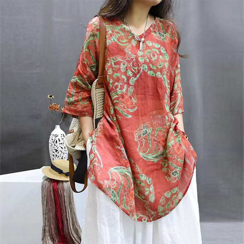 Women's Soft Printed Mid-Sleeve Top Casual Round Neck Tunic For Spring And Summer - Image 3