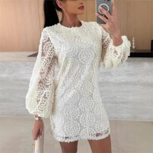 Lace Texture Fabric Balloon Sleeves Loose Mini Dress