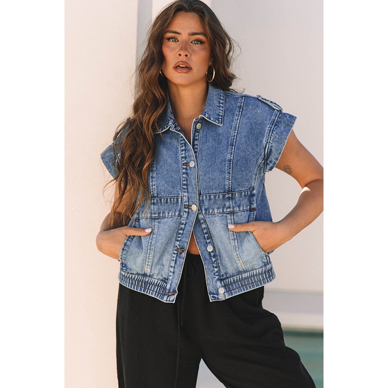 Denim Women's Single-breasted Lapel Short Sleeve Vest Coat - Image 3