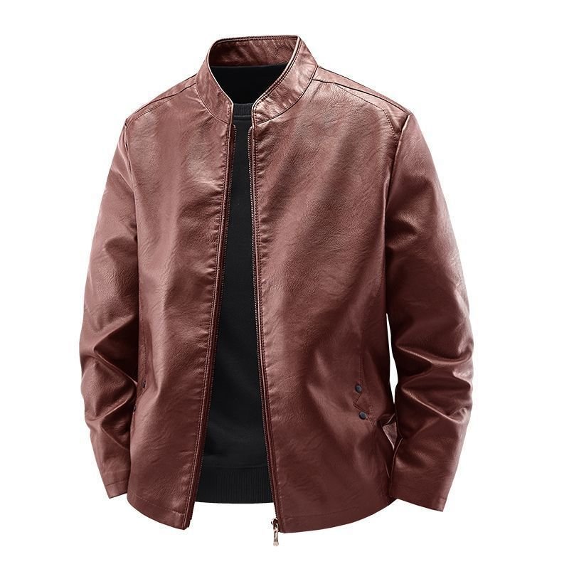 Men's Motorcycle Leather Coat Spring And Autumn Solid Color Stand Collar - Image 5