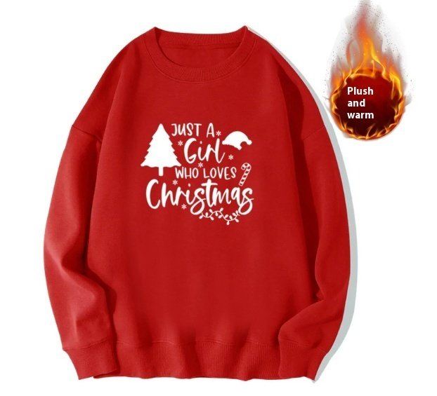 Red Sweater Christmas Fleece-lined Deer Round Neck Couple - Image 6