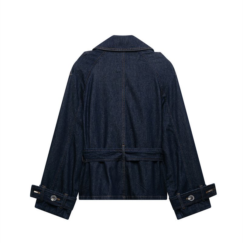 French Blue Belt Short Wide Design Denim Trench Coat - Image 3