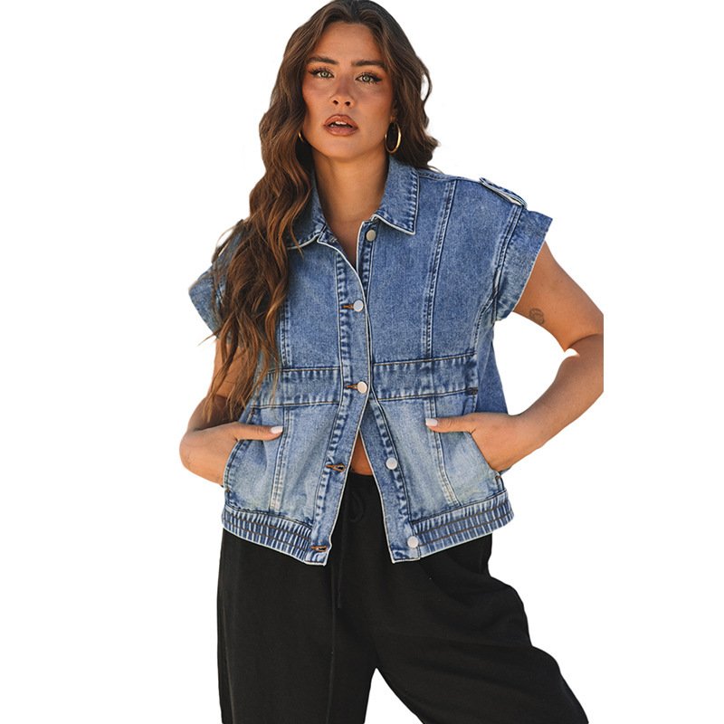 Denim Women's Single-breasted Lapel Short Sleeve Vest Coat - Image 6
