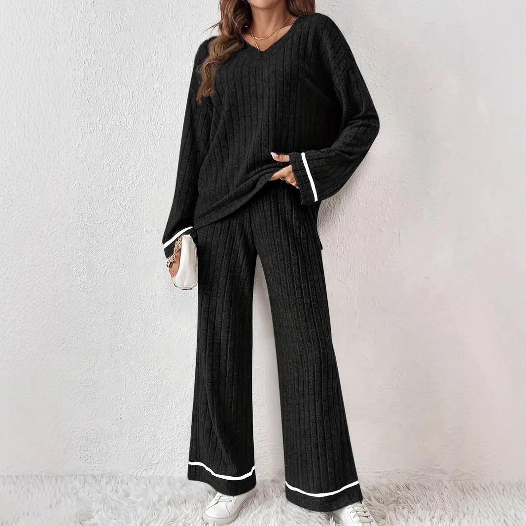 Black Striped Loose-fitting Sanding Sunken Stripe Simple Homewear Suit - Image 2