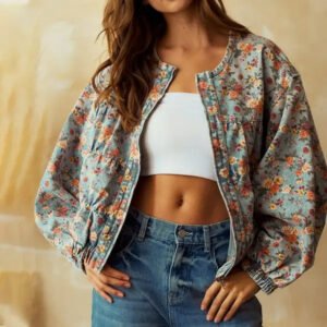 Vintage Floral Batwing Sleeve Wash Denim Coat
