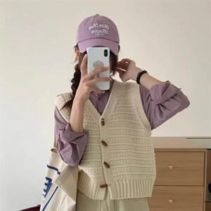 College Style Knitted Cardigan Vest Solid Color Wooden Buckle Bandage Dress