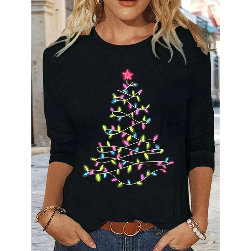 Women's Long Sleeve Merry Christmas T-Shirt, Cute Christmas Tree Graphic Tee, Funny Holiday Party Top - Image 4