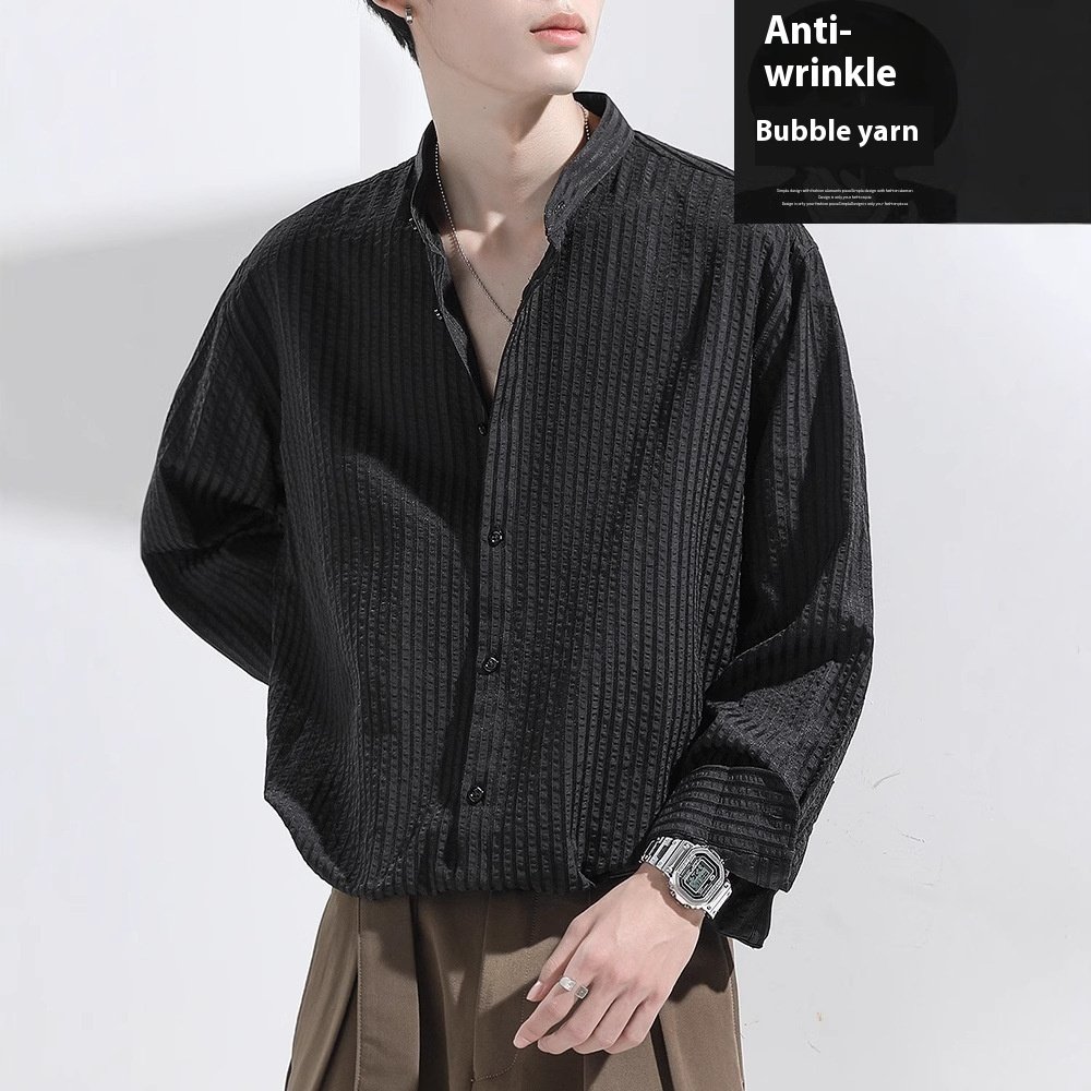 Anti-Wrinkle Seersucker Men's Black Texture Long Sleeve Casual Shirt - Image 2