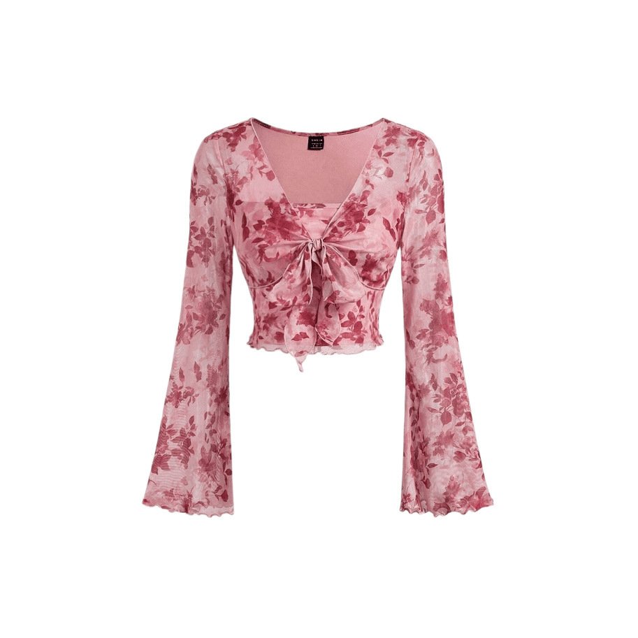 V-neck Lace Up Printed Long Sleeve Slim Women Shirt - Image 5