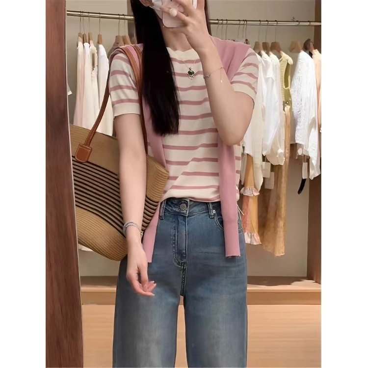 Women's Shawl Contrast Color Striped Short Sleeve Knitted - Image 3