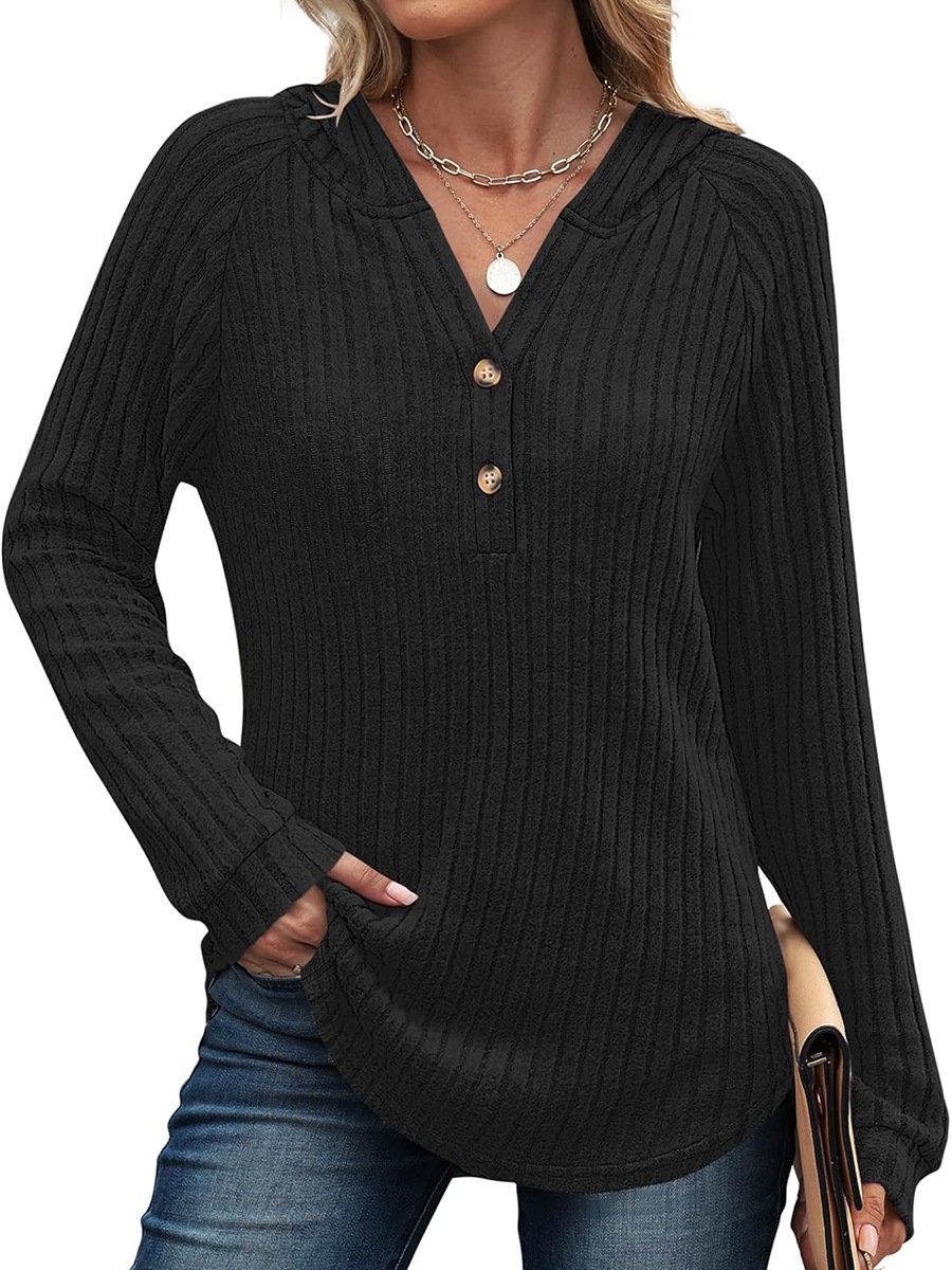 Solid Color And V-neck Button Loose Hooded Fleece Knitted Top - Image 6