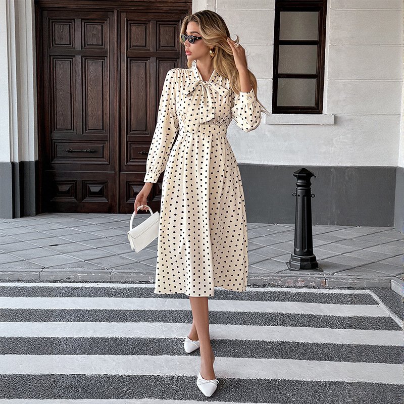 New Elegant Retro Style Bow Collar Long Sleeve Waist Dress - Image 2