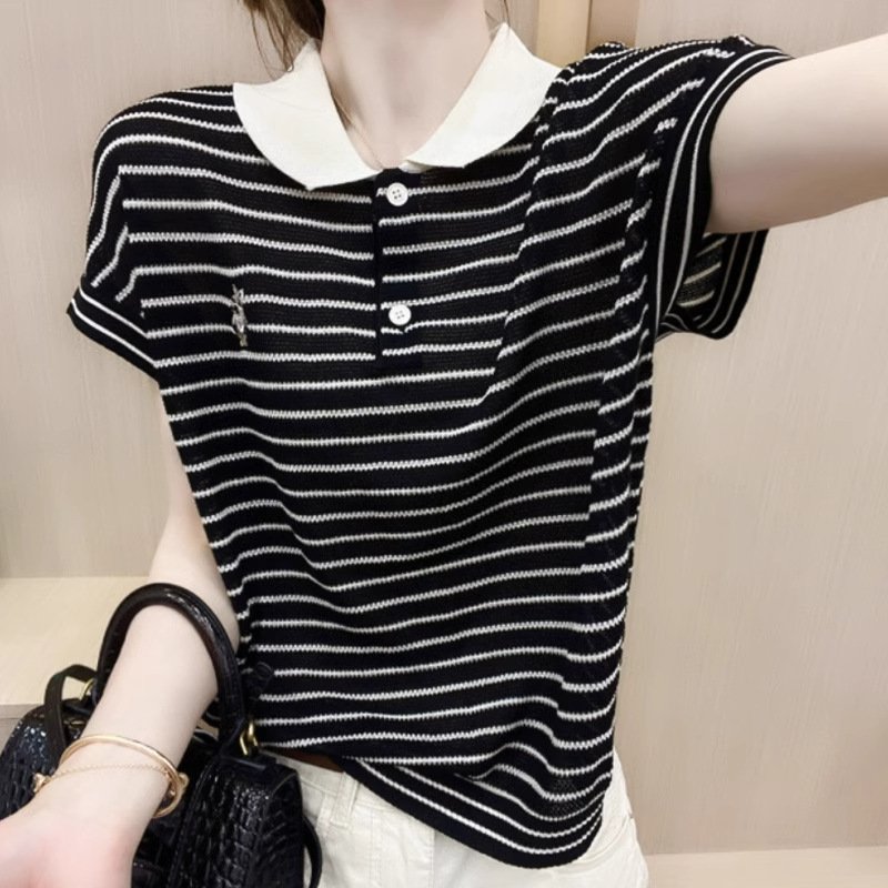 Ice Silk Short Sleeve Striped Embroidery Contrast Color Button Polo - Image 3