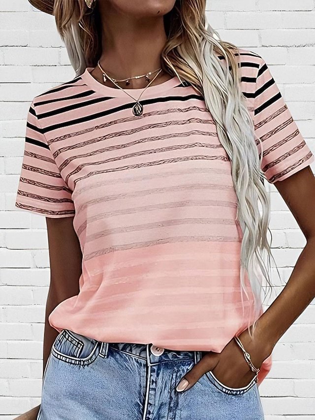 Women's Striped Gradient Round Neck Short Sleeve Top - Image 6
