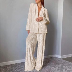 Velvet V-neck Long-sleeve Shirt And High-waist Loose Wide-leg Pants Two-piece Set Fashion