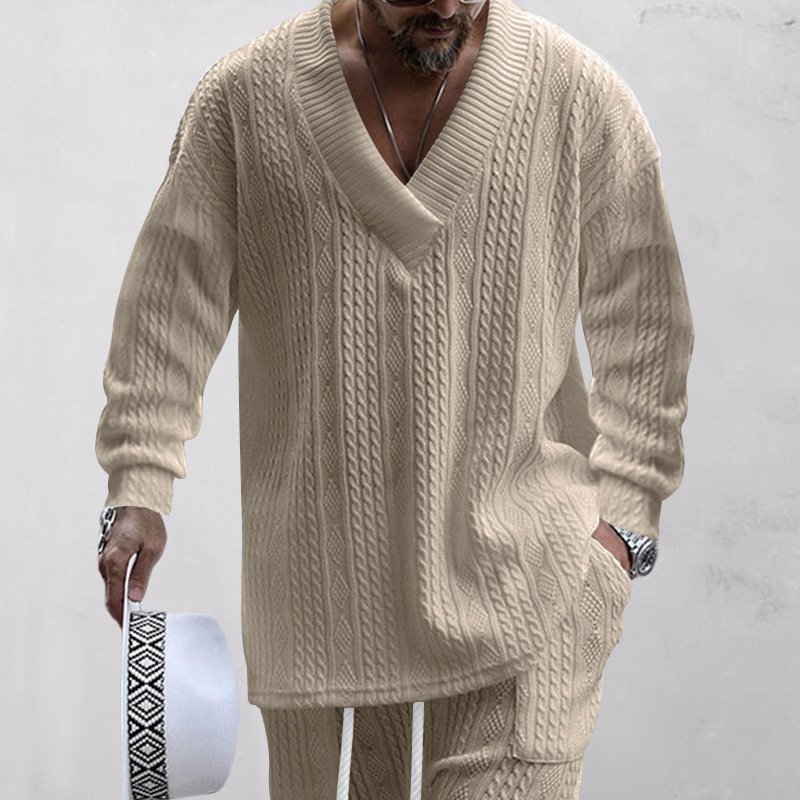 European And American Style Men's Clothing Jacquard Loose-fitting Knitted Solid Color Casual V-neck Long-sleeve Knitwear - Image 8