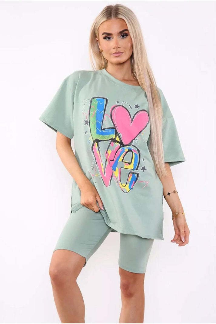 Love Side Slit Cycling Short And T-Shirts Co-Ord Two Piece Set With Front Love Slogan - Image 6
