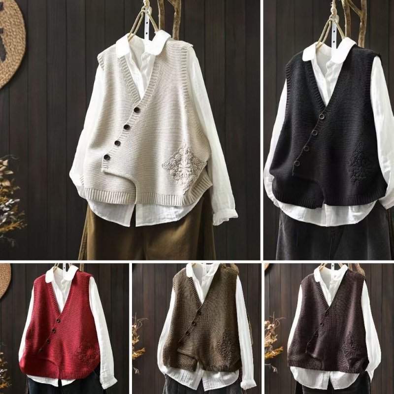 Women's V-neck Cotton Knitted Vest Cardigan - Image 2