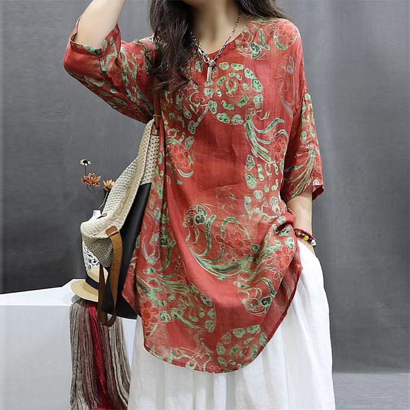 Women's Soft Printed Mid-Sleeve Top Casual Round Neck Tunic For Spring And Summer - Image 5