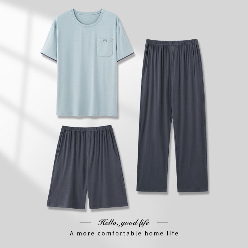 Men's Pajamas Thin Spring And Summer Modal Short-sleeved Trousers Three-piece Home Wear Suit - Image 2